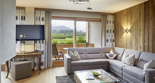 Gemütliches Wohnzimmer mit Bergblick