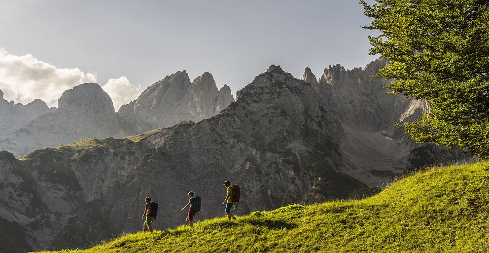 Wanderwegweiser in den AlpenEin Bild von zwei Wanderern auf einem Gebirgspfad neben einem gelben Wegweiser. Der Wegweiser zeigt zur Grüntenhütte und zum Alpengasthof Kamm.